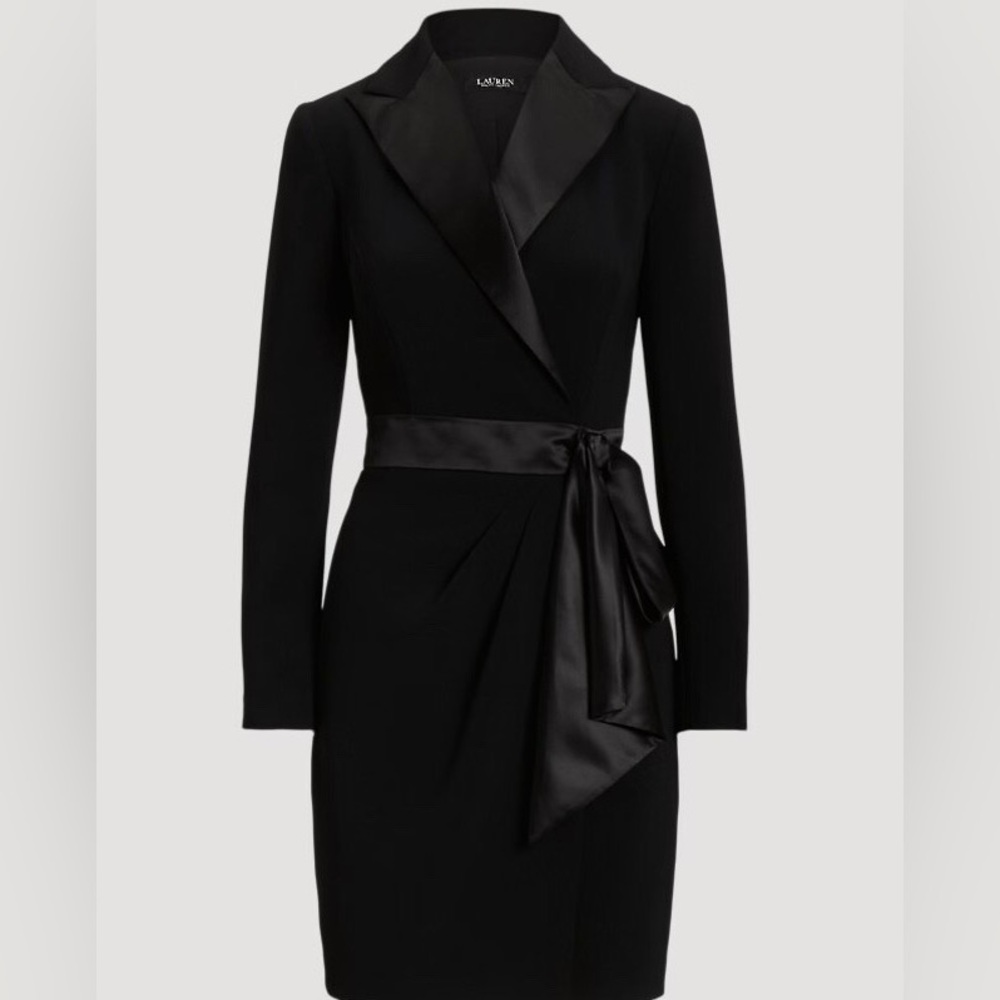 NWT Lauren Ralph Lauren Black Label Satin Collar Faux Wrap Tuxedo Dress Size 10